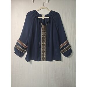 Chico's Boho Top Womens 1 Petite (Med P) Navy  Gold Accents Tassels Blouse Sheer